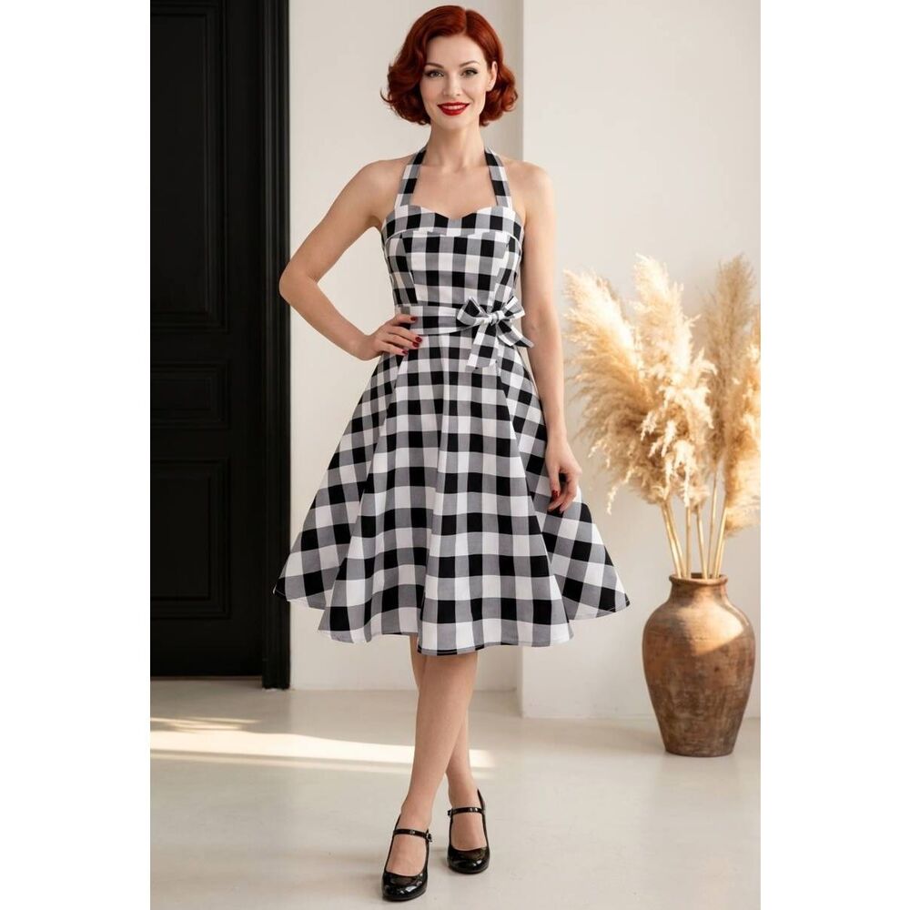 ☔️🩵NWT Black & White Buffalo Plaid 50s Sleeveless Dress Small